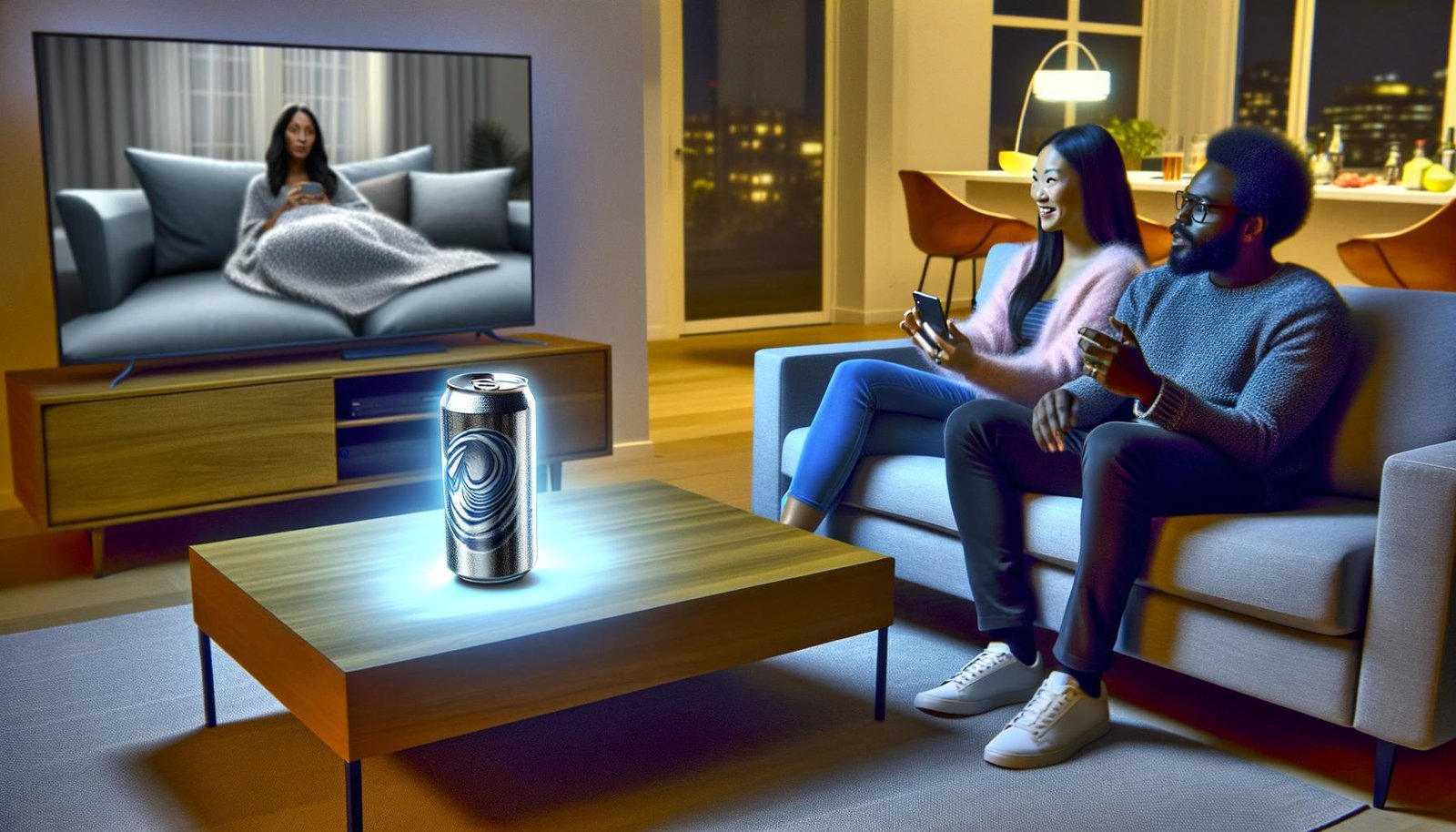 Modernes Wohnzimmer mit zwei Personen auf einem Sofa, einer digital eingefügten, leuchtenden Getränkedose auf dem Tisch und einem Fernseher mit pausierter Serie im Hintergrund.