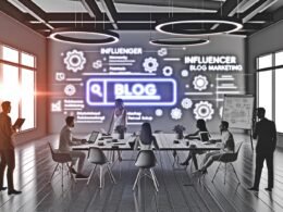 Offenes Büro-Loft mit Digital-Marketing-Profis im analytischen Meeting zu Influencer Blog Marketing, SEO und KPI-Tracking.