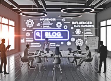 Offenes Büro-Loft mit Digital-Marketing-Profis im analytischen Meeting zu Influencer Blog Marketing, SEO und KPI-Tracking.