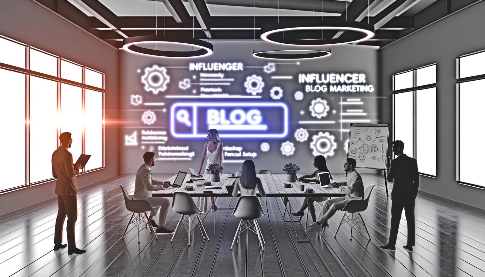Offenes Büro-Loft mit Digital-Marketing-Profis im analytischen Meeting zu Influencer Blog Marketing, SEO und KPI-Tracking.