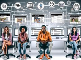 Junges, modernes Marketing-Team sitzt entspannt in einem innovativen Büro vor Bildschirmen mit Blogartikeln, Newslettern und Automatisierungs-Tools wie Mailchimp, Zapier und Make. Digitale Datenströme verbinden die Monitore – Symbole für Effizienz und Wachstum im Hintergrund.