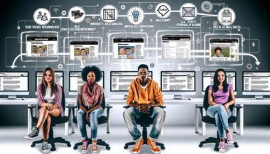 Junges, modernes Marketing-Team sitzt entspannt in einem innovativen Büro vor Bildschirmen mit Blogartikeln, Newslettern und Automatisierungs-Tools wie Mailchimp, Zapier und Make. Digitale Datenströme verbinden die Monitore – Symbole für Effizienz und Wachstum im Hintergrund.