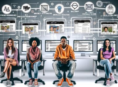 Junges, modernes Marketing-Team sitzt entspannt in einem innovativen Büro vor Bildschirmen mit Blogartikeln, Newslettern und Automatisierungs-Tools wie Mailchimp, Zapier und Make. Digitale Datenströme verbinden die Monitore – Symbole für Effizienz und Wachstum im Hintergrund.