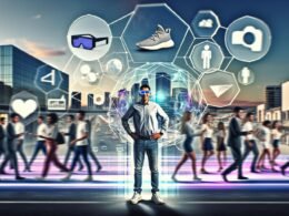 Marketer vor AR-Display mit virtuellen Produkten in einer realen Stadt, Menschen nutzen Smartphones und AR-Brillen, Symbole für digitales Marketing der Zukunft