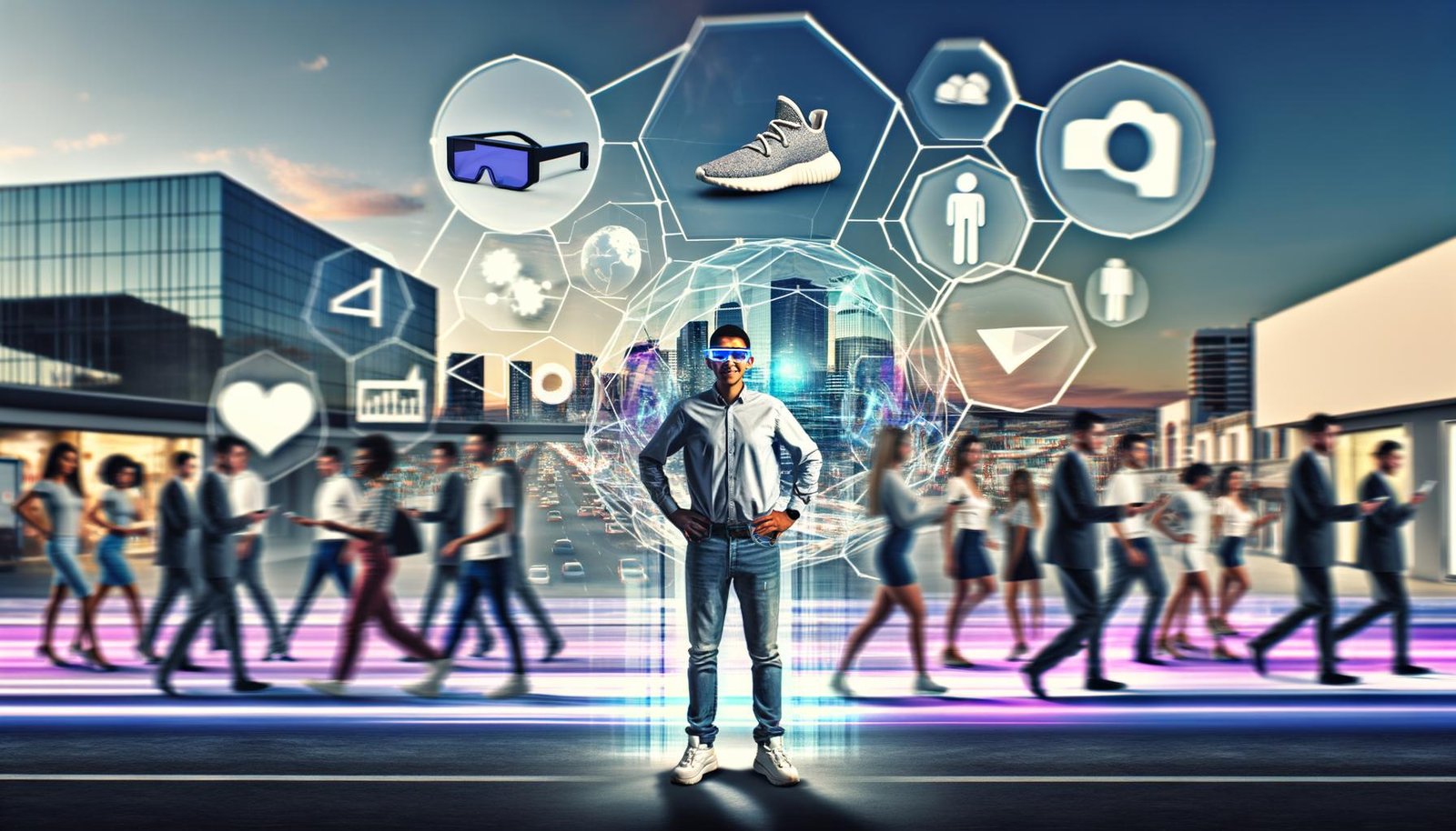 Marketer vor AR-Display mit virtuellen Produkten in einer realen Stadt, Menschen nutzen Smartphones und AR-Brillen, Symbole für digitales Marketing der Zukunft