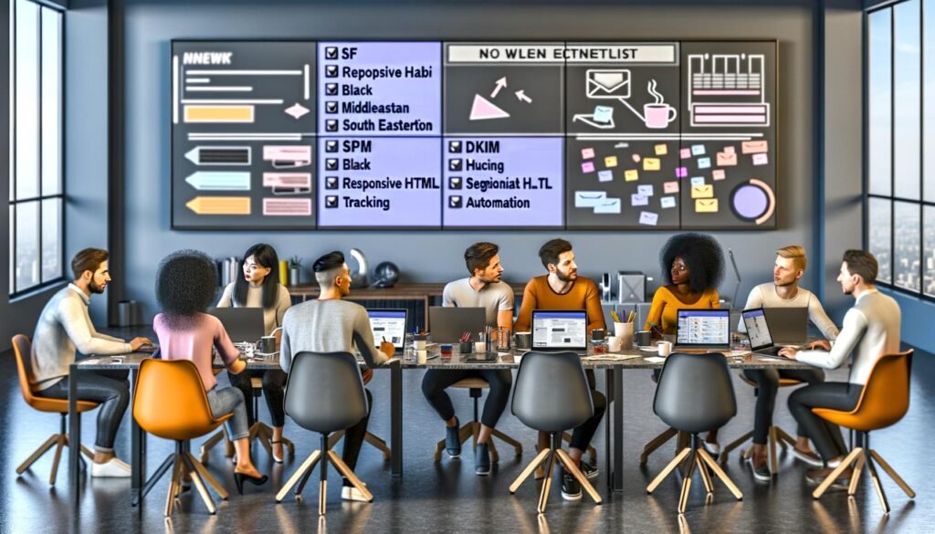 Junges, diverses Team brainstormt im Hightech-Büro für eine Newsletter-Kampagne. Große Checkliste am Monitor, moderne Geräte, offene Laptops und bunte Analysediagramme vermitteln einen dynamischen, fokussierten Arbeitsalltag im Jahr 2025.