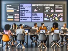 Junges, diverses Team brainstormt im Hightech-Büro für eine Newsletter-Kampagne. Große Checkliste am Monitor, moderne Geräte, offene Laptops und bunte Analysediagramme vermitteln einen dynamischen, fokussierten Arbeitsalltag im Jahr 2025.