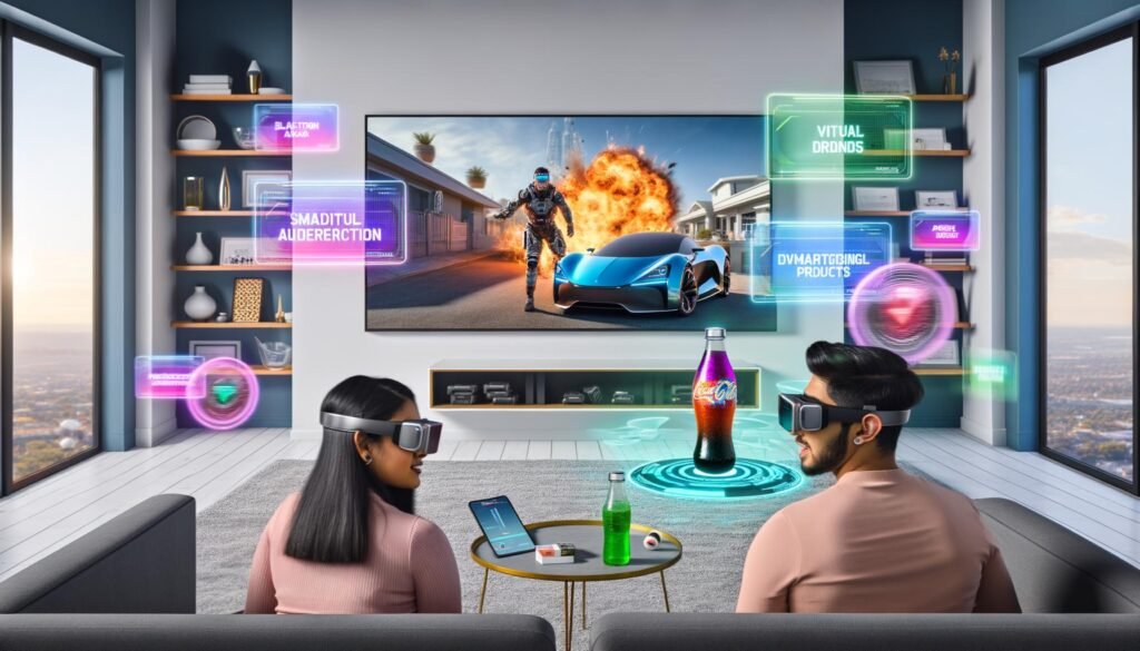 Zwei Personen mit VR-Brillen schauen einen Actionfilm in einem futuristischen Wohnzimmer, während AR-gestützte Werbeprodukte wie E-Autos und Energy-Drinks dynamisch eingeblendet werden.