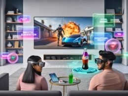 Zwei Personen mit VR-Brillen schauen einen Actionfilm in einem futuristischen Wohnzimmer, während AR-gestützte Werbeprodukte wie E-Autos und Energy-Drinks dynamisch eingeblendet werden.