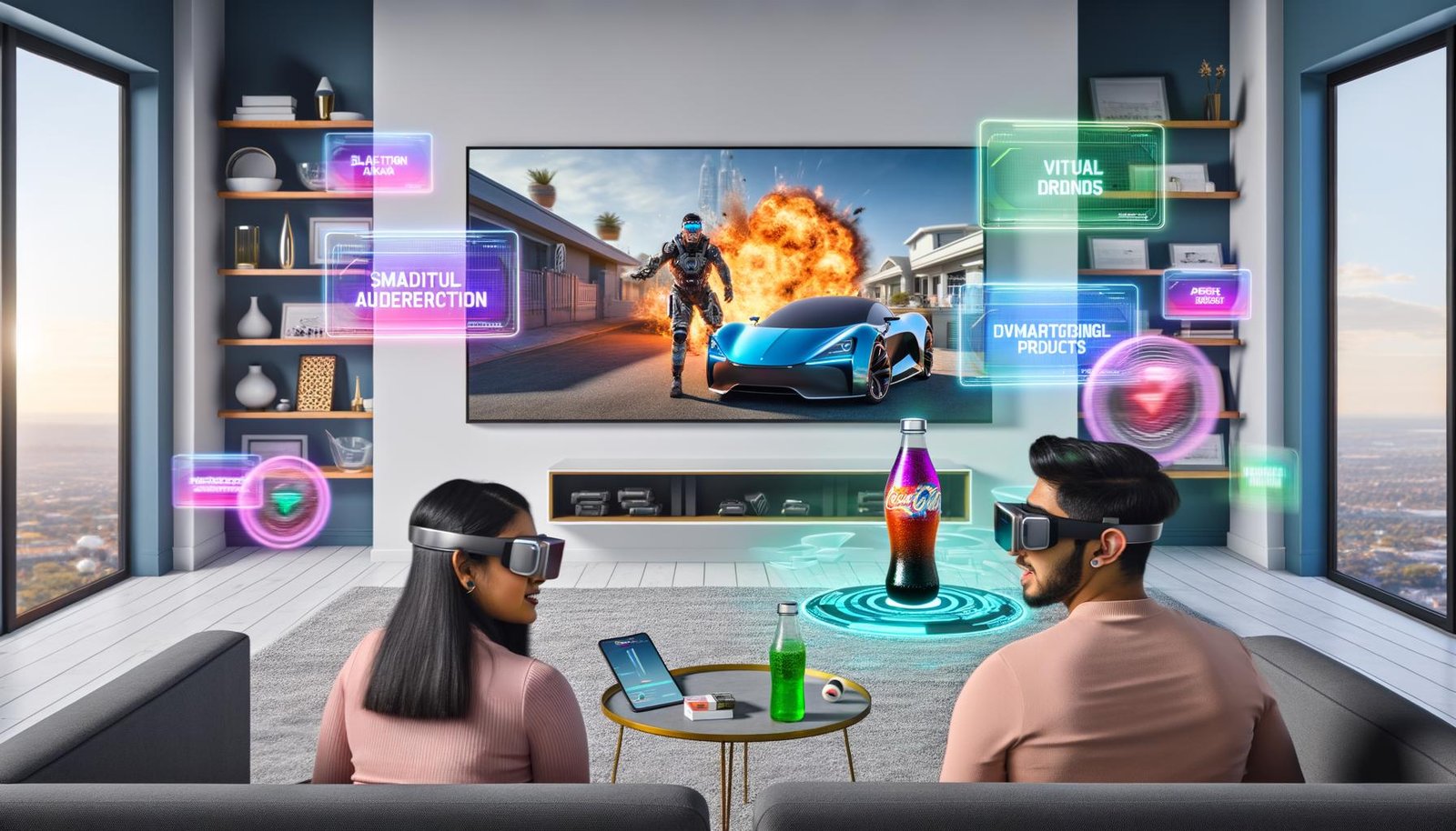 Zwei Personen mit VR-Brillen schauen einen Actionfilm in einem futuristischen Wohnzimmer, während AR-gestützte Werbeprodukte wie E-Autos und Energy-Drinks dynamisch eingeblendet werden.