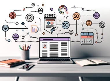 Moderne minimalistische Illustration eines Schreibtischs mit Laptop, Notizbuch, Kalender und Smartphone sowie digitalen Content-Workflows, SEO-Charts und Marketing-Icons im Hintergrund.