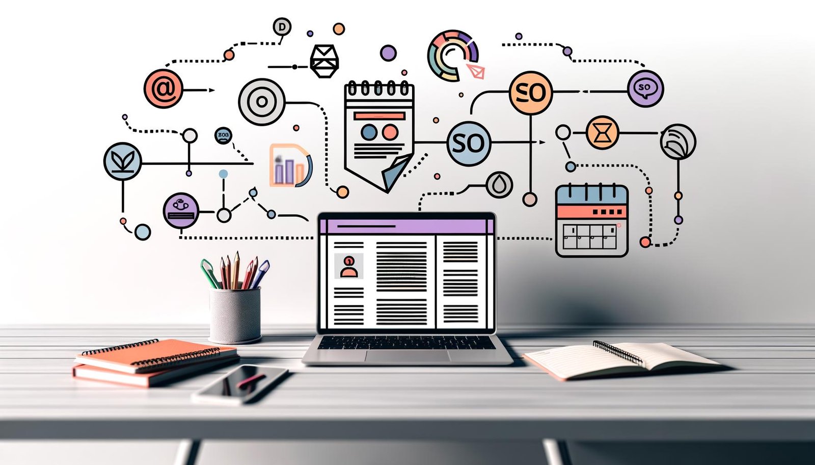 Moderne minimalistische Illustration eines Schreibtischs mit Laptop, Notizbuch, Kalender und Smartphone sowie digitalen Content-Workflows, SEO-Charts und Marketing-Icons im Hintergrund.