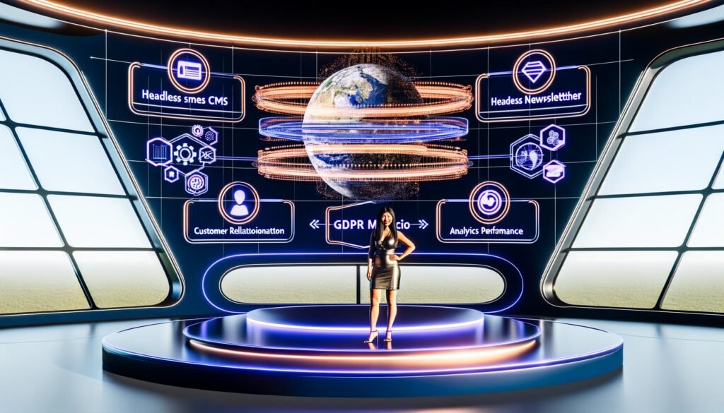 Modernes, futuristisches Büro mit digitalem Dashboard, Headless CMS, automatisiertem Newsletter-System, CRM, Analytics und leuchtenden Datenströmen. Ein Marketer steht im Mittelpunkt, umgeben von SEO-, Automatisierungs- und DSGVO-Symbolen.