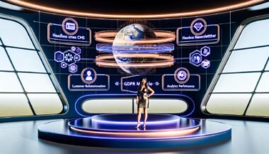 Modernes, futuristisches Büro mit digitalem Dashboard, Headless CMS, automatisiertem Newsletter-System, CRM, Analytics und leuchtenden Datenströmen. Ein Marketer steht im Mittelpunkt, umgeben von SEO-, Automatisierungs- und DSGVO-Symbolen.