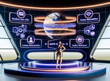 Modernes, futuristisches Büro mit digitalem Dashboard, Headless CMS, automatisiertem Newsletter-System, CRM, Analytics und leuchtenden Datenströmen. Ein Marketer steht im Mittelpunkt, umgeben von SEO-, Automatisierungs- und DSGVO-Symbolen.