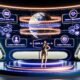 Modernes, futuristisches Büro mit digitalem Dashboard, Headless CMS, automatisiertem Newsletter-System, CRM, Analytics und leuchtenden Datenströmen. Ein Marketer steht im Mittelpunkt, umgeben von SEO-, Automatisierungs- und DSGVO-Symbolen.