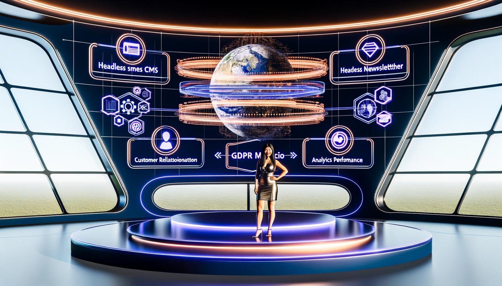 Modernes, futuristisches Büro mit digitalem Dashboard, Headless CMS, automatisiertem Newsletter-System, CRM, Analytics und leuchtenden Datenströmen. Ein Marketer steht im Mittelpunkt, umgeben von SEO-, Automatisierungs- und DSGVO-Symbolen.