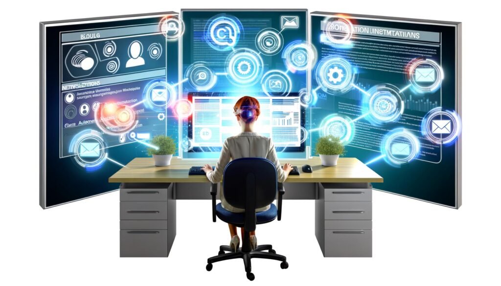 Futuristische Illustration einer Marketerin an einem modernen Arbeitsplatz mit Monitoren, auf denen Blog- und Newsletter-Tools sowie Automatisierungs-Workflows und Datenpunkte zu sehen sind.
