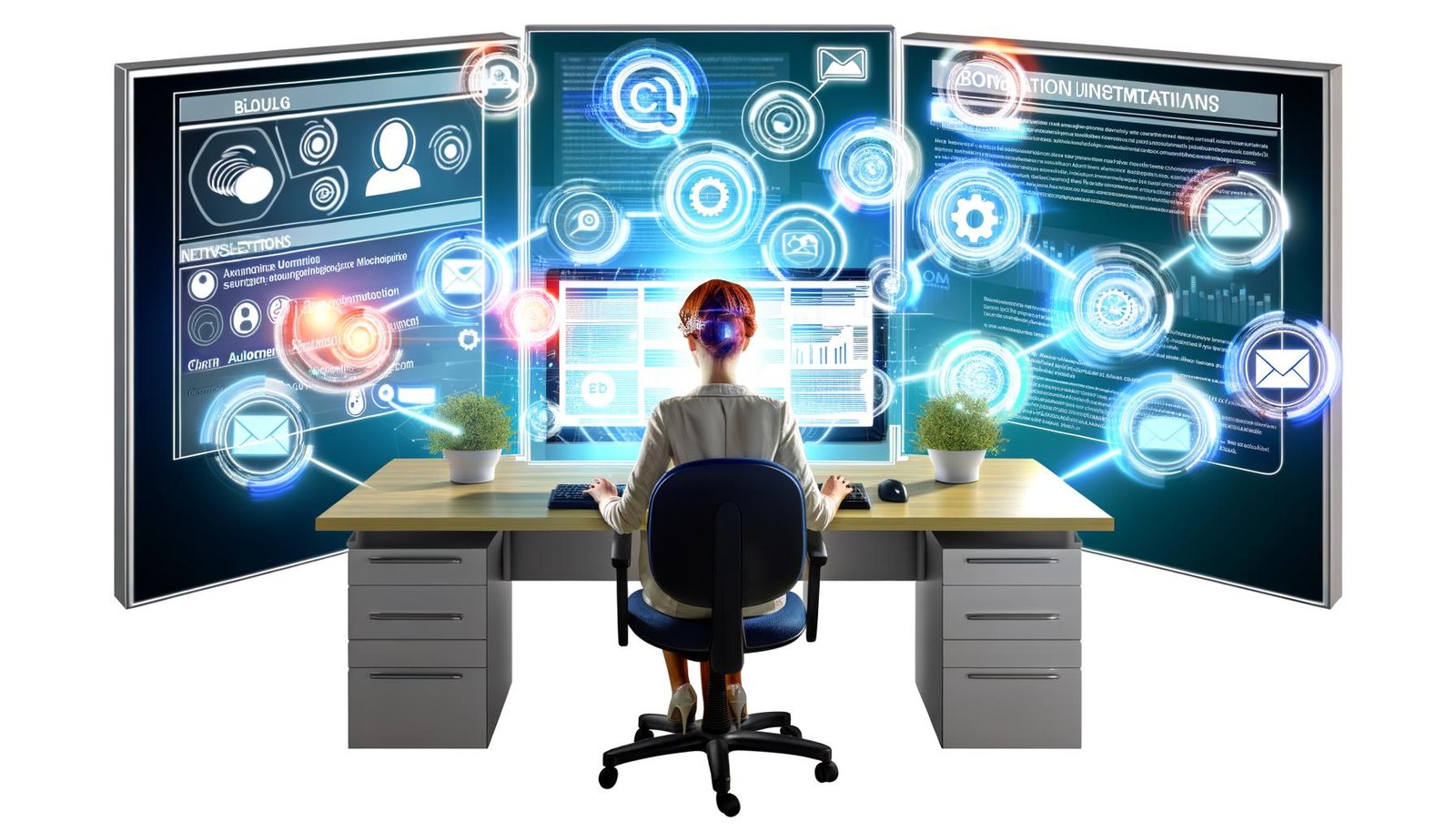 Futuristische Illustration einer Marketerin an einem modernen Arbeitsplatz mit Monitoren, auf denen Blog- und Newsletter-Tools sowie Automatisierungs-Workflows und Datenpunkte zu sehen sind.