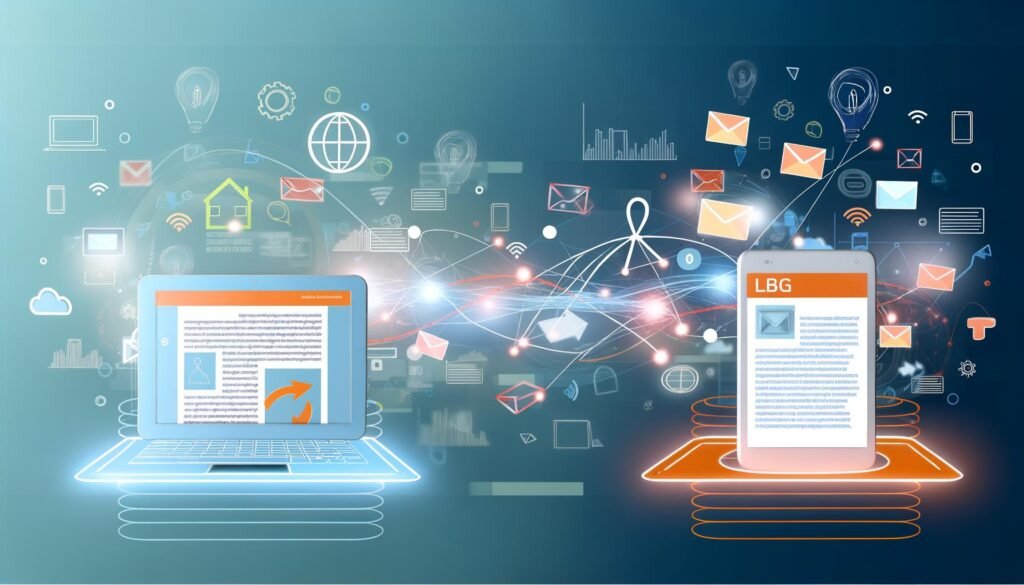 Doppelillustration eines Blogs auf einem Laptop und eines Newsletters auf einem Smartphone, verbunden durch digitale Linien und umgeben von Icons für SEO, Automatisierung und Personalisierung in frischen Farben.