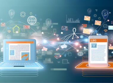 Doppelillustration eines Blogs auf einem Laptop und eines Newsletters auf einem Smartphone, verbunden durch digitale Linien und umgeben von Icons für SEO, Automatisierung und Personalisierung in frischen Farben.