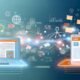 Doppelillustration eines Blogs auf einem Laptop und eines Newsletters auf einem Smartphone, verbunden durch digitale Linien und umgeben von Icons für SEO, Automatisierung und Personalisierung in frischen Farben.