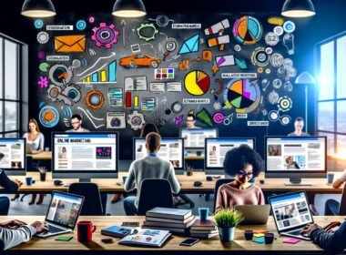 Kreatives Marketing-Team 2025 bei der Arbeit vor digitaler Tafel mit Diagrammen, Workflows und individuellen Blog-Layouts in modernem Büro