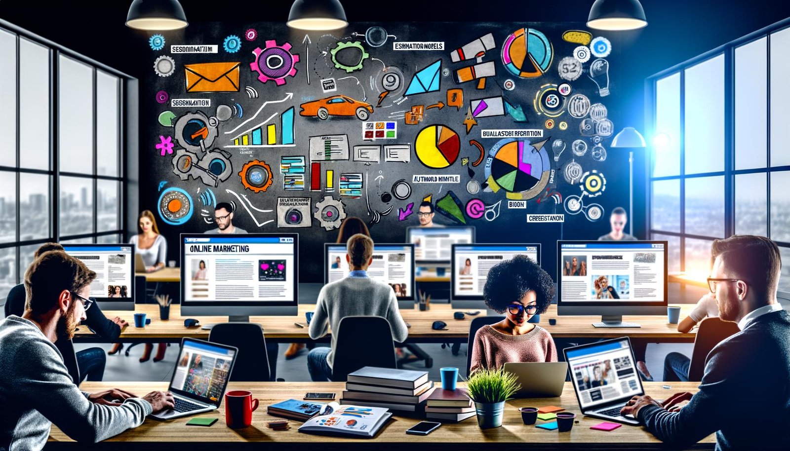 Kreatives Marketing-Team 2025 bei der Arbeit vor digitaler Tafel mit Diagrammen, Workflows und individuellen Blog-Layouts in modernem Büro