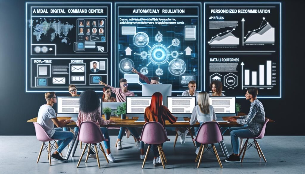 Junge Kreative an einem modernen, technisch ausgestatteten Arbeitsplatz mit mehreren Monitoren, Blog-Oberfläche, Automatisierungsroutinen und Echtzeit-Datenanzeige im Hintergrund.
