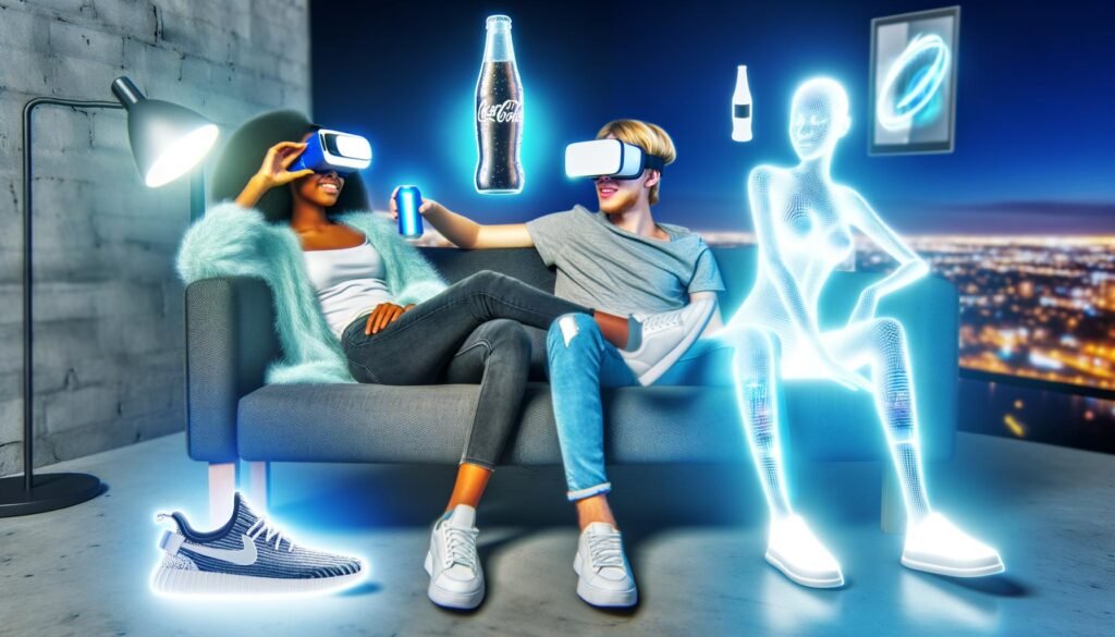 Junges Paar mit VR/AR-Brillen auf einem Sofa in einem futuristischen Wohnzimmer, umgeben von digitalen Werbeelementen wie Getränkedose und leuchtendem Schuh.