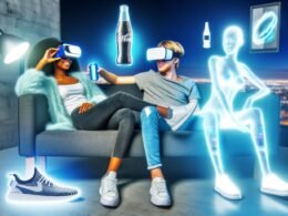 Junges Paar mit VR/AR-Brillen auf einem Sofa in einem futuristischen Wohnzimmer, umgeben von digitalen Werbeelementen wie Getränkedose und leuchtendem Schuh.