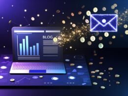 Dramatisch ausgeleuchteter Laptop mit wachsenden Statistikbalken, schwebendem Briefumschlag und funkelnden Münzen vor dunklem Hintergrund