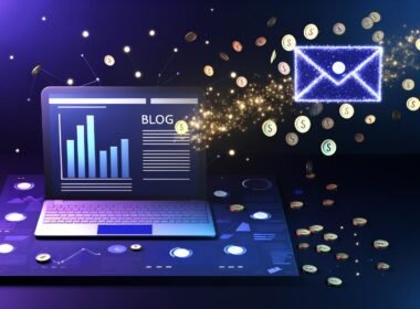 Dramatisch ausgeleuchteter Laptop mit wachsenden Statistikbalken, schwebendem Briefumschlag und funkelnden Münzen vor dunklem Hintergrund