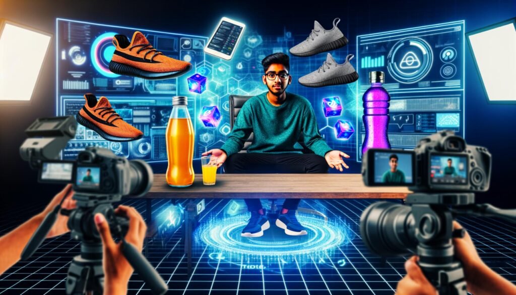 Visionäre Illustration eines jungen Content-Creators am Schreibtisch, umgeben von AR-Markenprodukten, Hologrammen, digitalen Bannern und Live-Analytics im Hightech-Marketing-Setting.
