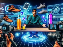 Visionäre Illustration eines jungen Content-Creators am Schreibtisch, umgeben von AR-Markenprodukten, Hologrammen, digitalen Bannern und Live-Analytics im Hightech-Marketing-Setting.