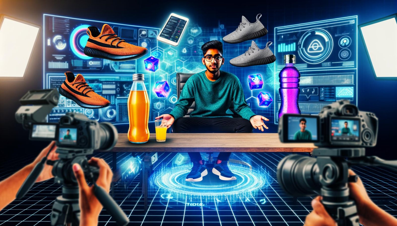 Visionäre Illustration eines jungen Content-Creators am Schreibtisch, umgeben von AR-Markenprodukten, Hologrammen, digitalen Bannern und Live-Analytics im Hightech-Marketing-Setting.