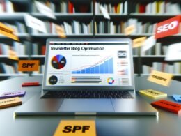 Moderner Arbeitsplatz mit Laptop zeigt Newsletter-Analysen, SEO-Diagramme und wichtige Optimierungsnotizen wie SPF, DKIM und Responsive Design. Im Hintergrund Marketing-Bücher.