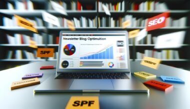 Moderner Arbeitsplatz mit Laptop zeigt Newsletter-Analysen, SEO-Diagramme und wichtige Optimierungsnotizen wie SPF, DKIM und Responsive Design. Im Hintergrund Marketing-Bücher.