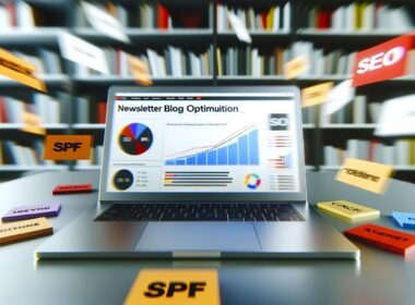Moderner Arbeitsplatz mit Laptop zeigt Newsletter-Analysen, SEO-Diagramme und wichtige Optimierungsnotizen wie SPF, DKIM und Responsive Design. Im Hintergrund Marketing-Bücher.