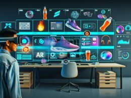 Content Creator mit smarter AR-Brille an einem futuristischen Workspace, umgeben von digital eingeblendeten Markenprodukten und dynamischen Interface-Elementen.