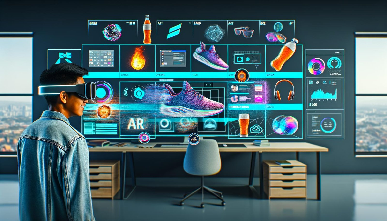 Content Creator mit smarter AR-Brille an einem futuristischen Workspace, umgeben von digital eingeblendeten Markenprodukten und dynamischen Interface-Elementen.