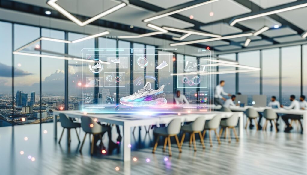 Digitale Marketer arbeiten vor transparenten holografischen Bildschirmen mit 3D-Produktanzeigen, Live-Daten und AR-Overlays in einem futuristischen Büro mit Blick auf die Stadt.