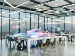 Digitale Marketer arbeiten vor transparenten holografischen Bildschirmen mit 3D-Produktanzeigen, Live-Daten und AR-Overlays in einem futuristischen Büro mit Blick auf die Stadt.