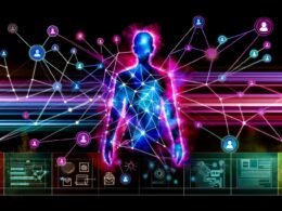 Menschliche Silhouette und digitale Doppelgänger-Figur mit leuchtenden Datenströmen, umgeben von Diagrammen, Dashboards und modernen Marketing-Touchpoints auf dunklem, futuristischem Hintergrund.