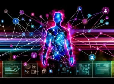 Menschliche Silhouette und digitale Doppelgänger-Figur mit leuchtenden Datenströmen, umgeben von Diagrammen, Dashboards und modernen Marketing-Touchpoints auf dunklem, futuristischem Hintergrund.