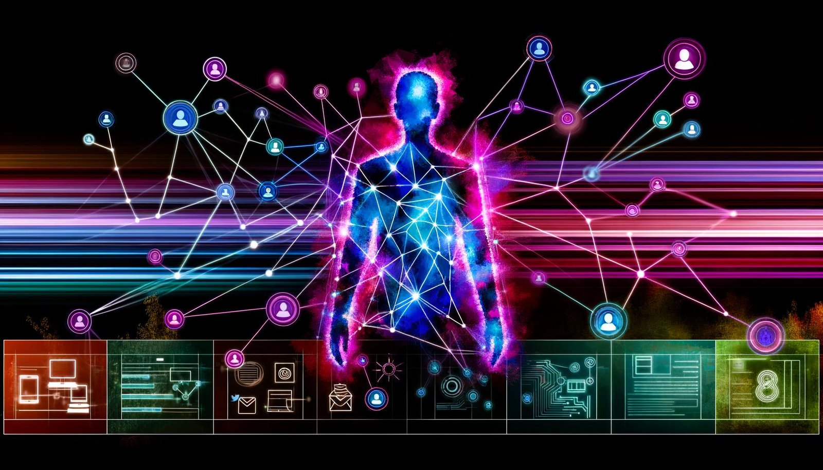 Menschliche Silhouette und digitale Doppelgänger-Figur mit leuchtenden Datenströmen, umgeben von Diagrammen, Dashboards und modernen Marketing-Touchpoints auf dunklem, futuristischem Hintergrund.