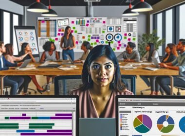 Fokussierte Person vor Bildschirmen mit Redaktionsplan, KPI-Dashboards und Newslettern, umgeben von Whiteboards und Planungstools in einem modernen, dynamischen Büro.