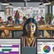 Fokussierte Person vor Bildschirmen mit Redaktionsplan, KPI-Dashboards und Newslettern, umgeben von Whiteboards und Planungstools in einem modernen, dynamischen Büro.