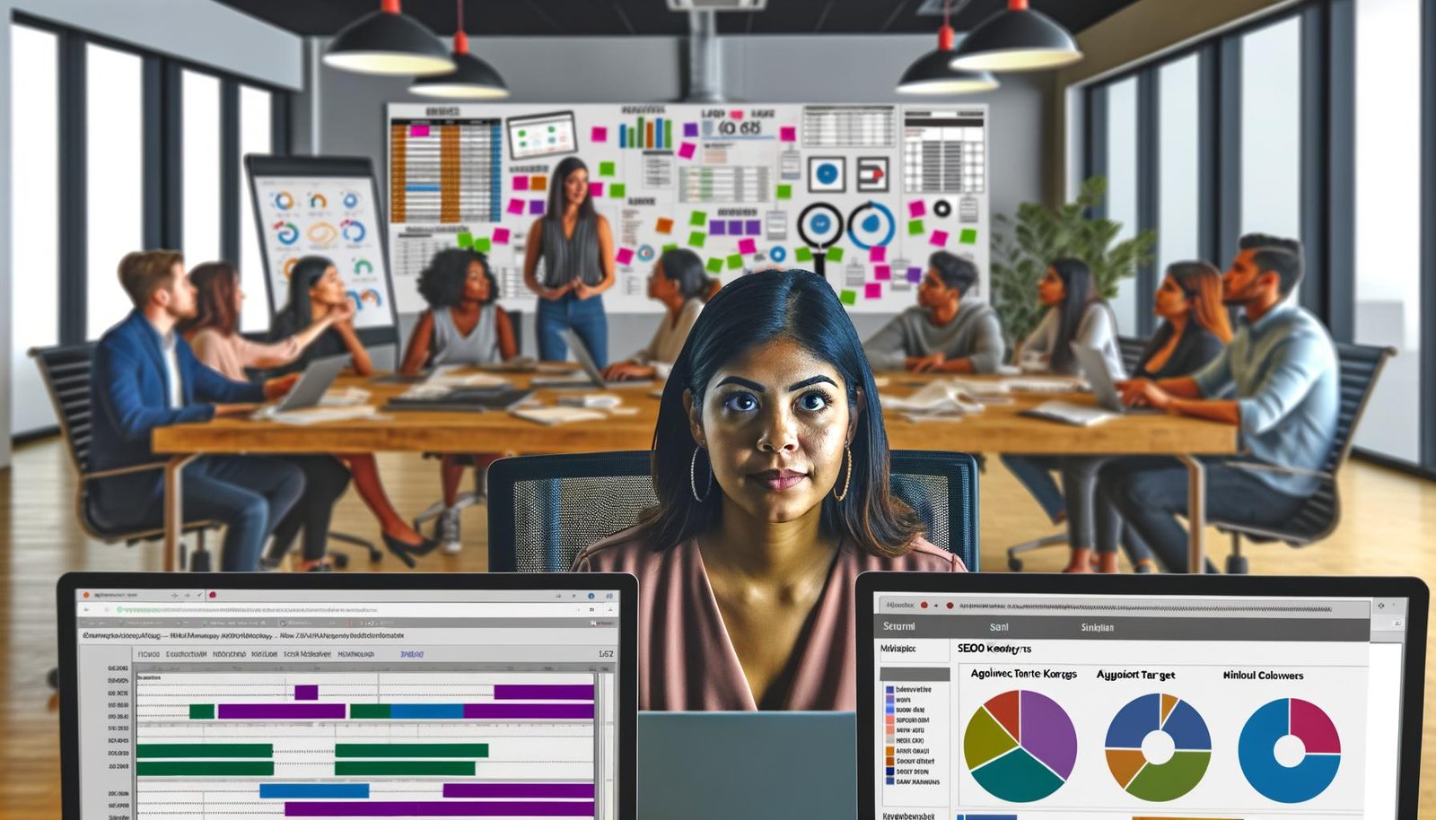 Fokussierte Person vor Bildschirmen mit Redaktionsplan, KPI-Dashboards und Newslettern, umgeben von Whiteboards und Planungstools in einem modernen, dynamischen Büro.