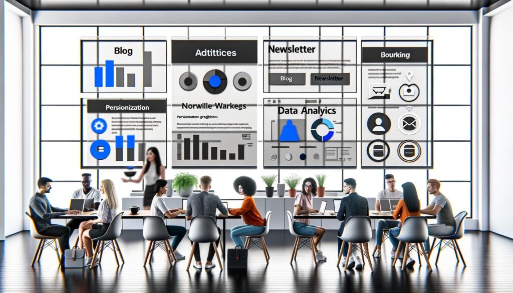 Stilisiertes, modernes Büro mit zentralem Screen, auf dem ein Dashboard mit Blogartikeln, Newsletter-Analytics und Workflows zu sehen ist. Im Hintergrund arbeiten diverse Menschen am Laptop und Whiteboard, auf den Tischen liegen Notizbücher, Kaffee und Tablets.